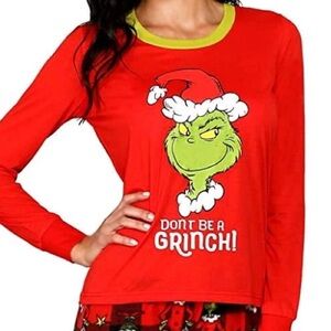 Dr. Seuss Don't Be A Grinch Red Long Slv Pajama Top with Neon Green Trim L